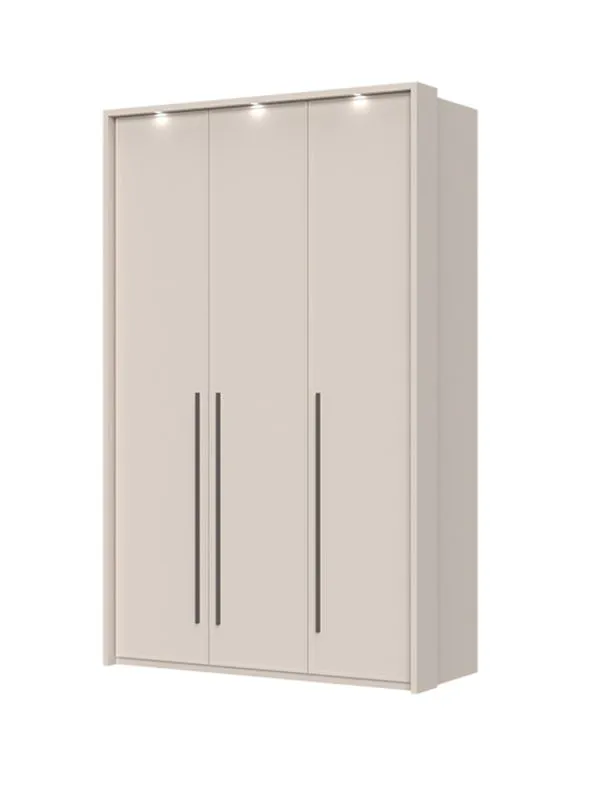 Drehtürenschrank mit drei Türen und Rahmen mit LED-Beleuchtung Neiafu 60, Farbe: Kaschmir, Maße: 226 x 142 x 60 cm, zwei Kleiderstangen, sechs Einlegeböden