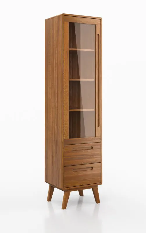 Vitrine Engordany 01 | Buche Vollholz massiv lackiert | Farbe: Eiche Rustikal | vier Fächer | Soft-Close-Funktion | zwei Schubladen | Maße: 200 x 50 x 39 cm