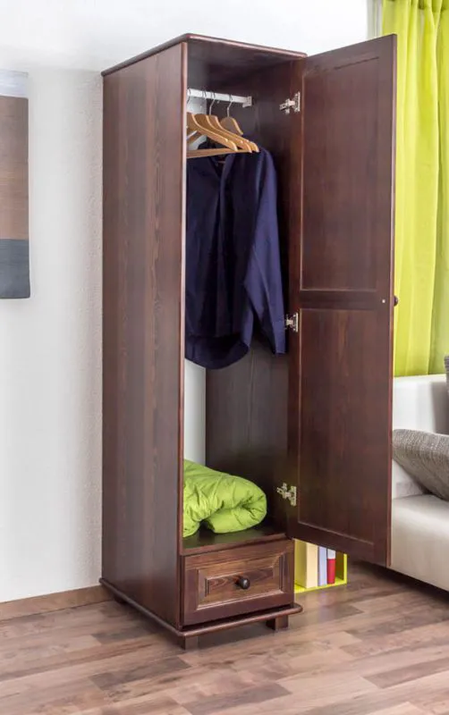 Kleiderschrank | 1 Drehtür | 1 Schublade | mit Kleiderstange | 47 cm breit | Massivholz | Farbe: Nuss Abbildung