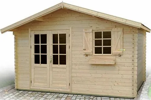 Holz-Gartenhaus 3,48 x 3,98 Meter (inkl. Dach) | Naturbelassen | Satteldach | 34 mm Blockbohlen-Haus Abbildung
