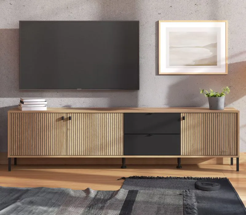 TV-Board / TV-Unterschrank mit genügend Stauraum Zvesdara 02, 2 Meter breit, Farbe: Eiche Artisan / Schwarz, zwei Schubladen, Maße: 54,5 x 208 x 40 cm