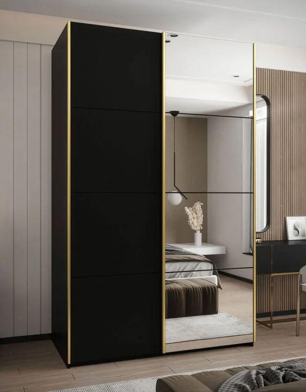 Kleiderschrank / Schiebetürenschrank | 245,5 x 150 x 64 cm | Spiegel | 6 Fächer | 2 Kleiderstangen | 2 Schiebetüren | Soft-Close | Farbe: Schwarz