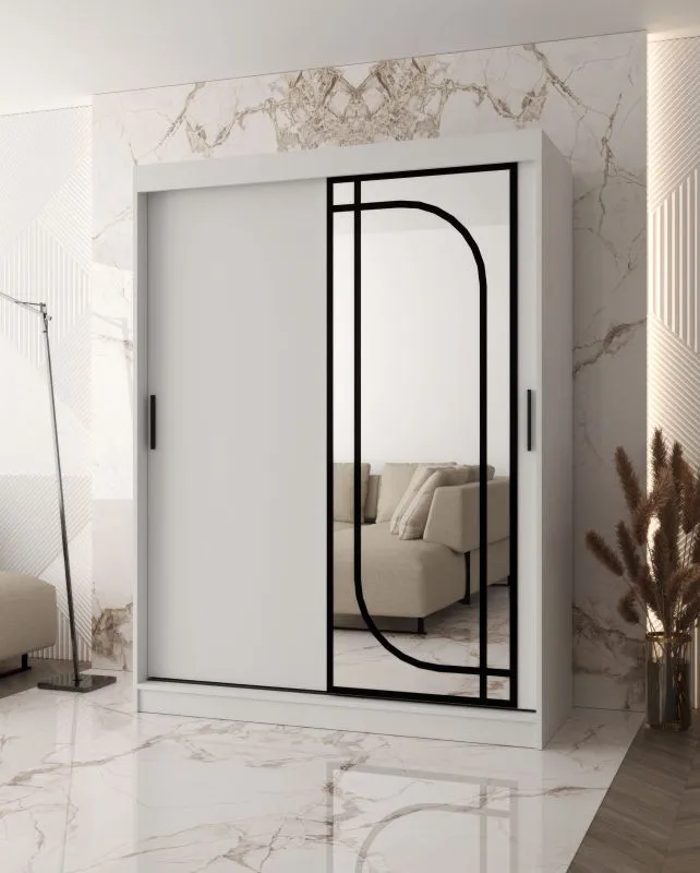 Schiebetürenschrank / Kleiderschrank | Weiß Matt | 150 x 62 x 200 cm | 2 Kleiderstangen | zuverlässiges Gleitsysteme | 5 Fächer | dekorativer Spiegel