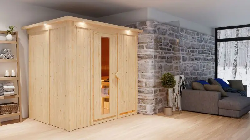 Sauna "Veli" SET mit Energiespartür und Kranz - Farbe: Natur, Ofen 9 kW - 210 x 165 x 202 cm (B x T x H)