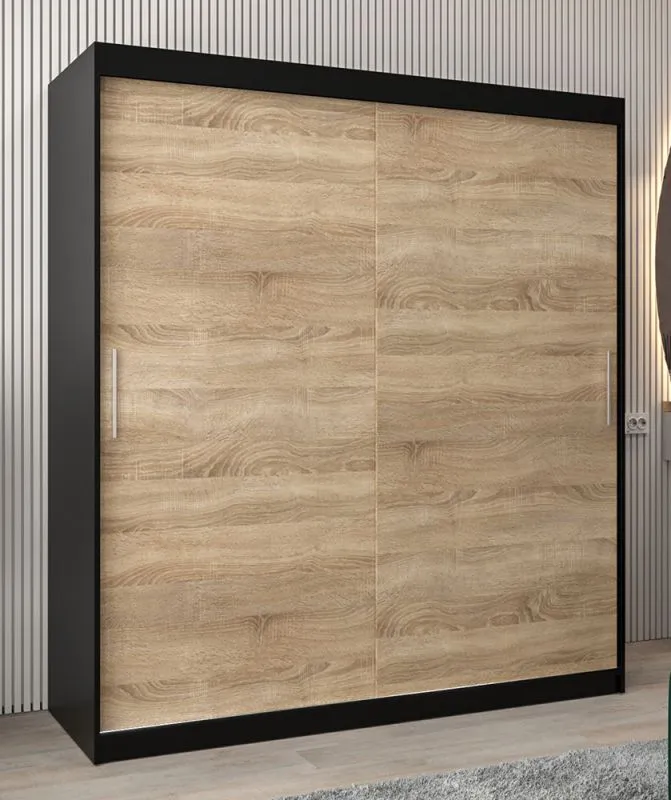 Schiebetürenschrank / Kleiderschrank Bisaurin 4A, Farbe: Schwarz / Eiche Sonoma - Abmessungen: 200 x 180 x 62 cm ( H x B x T)