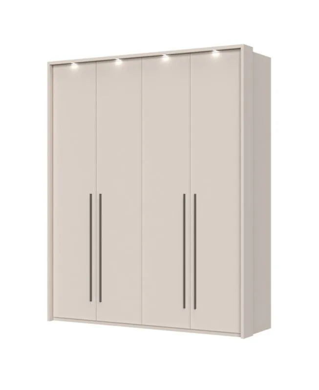 Drehtürenschrank mit LED-Rahmen Neiafu 64, Farbe: Kaschmir, vier Türen, zwei Kleiderstangen, Maße: 226 x 187 x 60 cm, sechs Einlegeböden, Soft-Close-Funktion