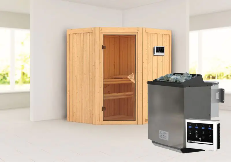 Sauna "Leevi" SET mit bronzierter Tür - Farbe: Natur, Ofen BIO 9 kW - 170 x 151 x 198 cm (B x T x H)