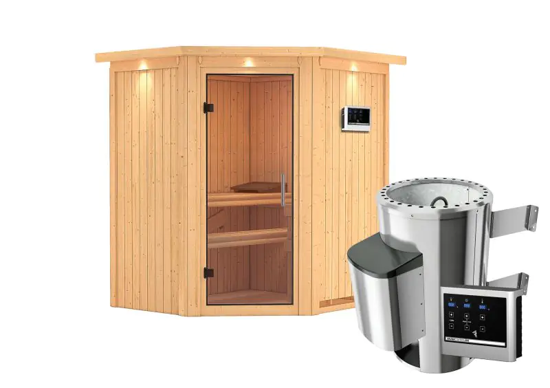 Sauna "Kjell" SET mit Klarglastür und Kranz - Farbe: Natur, Ofen externe Steuerung easy 3,6 kW - 184 x 165 x 202 cm (B x T x H)