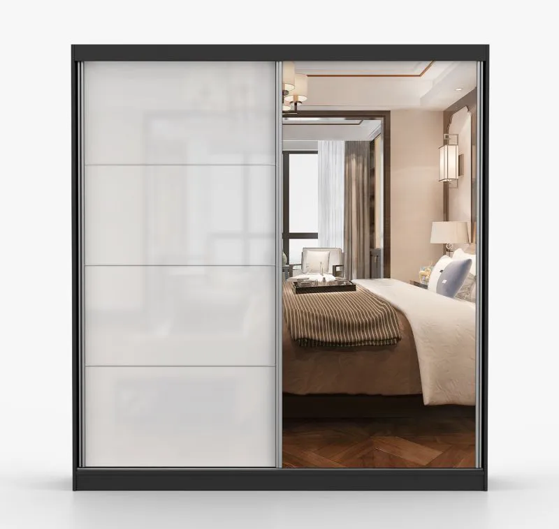 Kleiderschrank / Schiebetürenschrank 2,0 Meter breit | Gorski 32 | Weiß / Schwarz | mit Spiegel | 2 Türen | Griffe: Metall | 218 x 203 x 61 cm