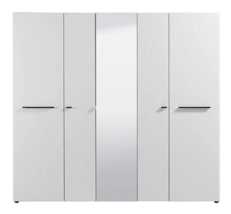 Heller Drehtürenschrank Bogati 01, Spiegel, Farbe: Weiß / Weiß Hochglanz, zwei Kleiderstangen, sieben Fächer, Maße: 206 x 223,5 x 55,5 cm