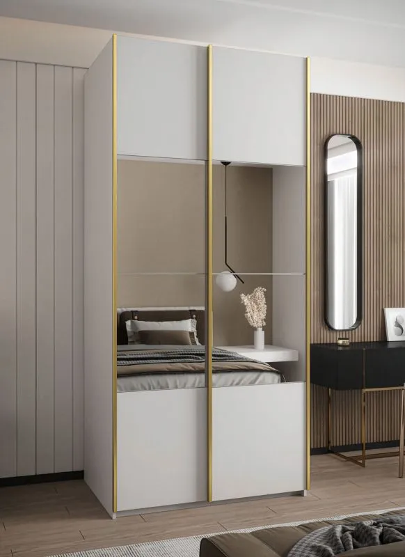 Kleiderschrank / Schiebetürenschrank | 6 Fächer | 245,5 x 130 x 64 cm | 2 Schiebetüren | 2 Kleiderstangen | Spiegel | Soft-Close | Farbe: Weiß