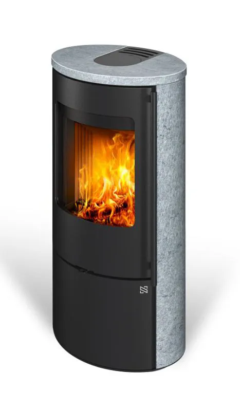 Kaminofen 5,1 kW | Außengehäuse aus Naturstein | Holzkamin| aus Stahl | kompaktes und elegantes Design | schwarzer Edelstahlgriff