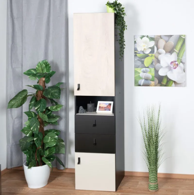 Jugendzimmer - Schrank Aalst 04, Farbe: Eiche / Creme / Schwarz - Abmessungen: 190 x 45 x 40 cm (H x B x T)