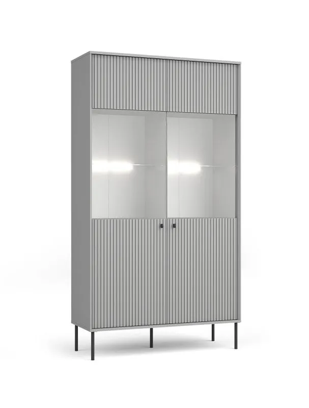 Vitrine mit Soft-Close-Funktion Alonnisos 01, zwei Glastüren, Farbe: Grau, modernes Design, Griffe & Beine: Metall, 10 Fächer, Maße: 192,5 x 105,4 x 41 cm