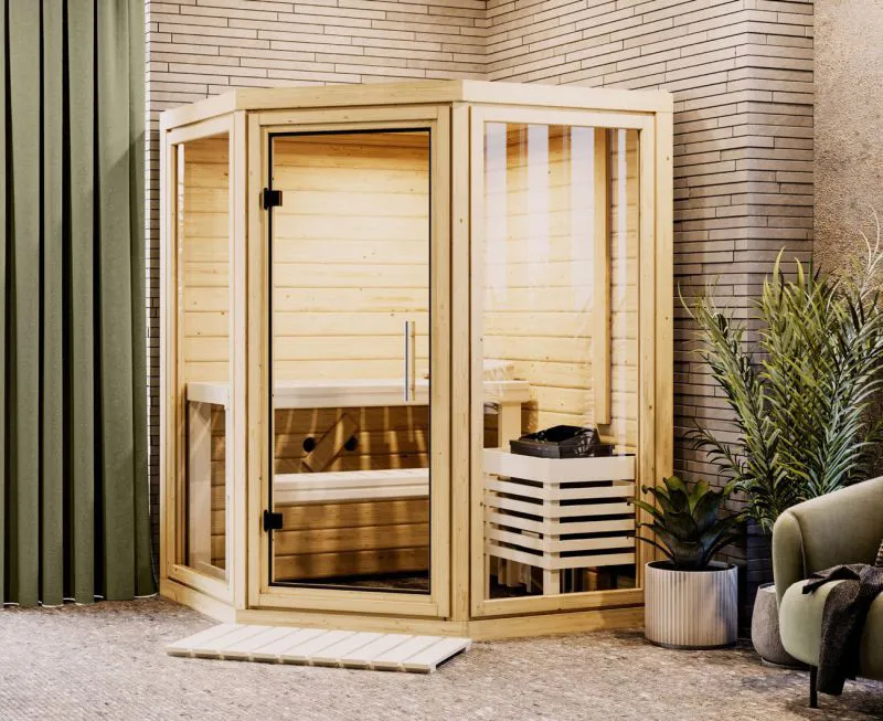 Sauna Tirreni | 38 mm Wandstärke | Nordische Fichte | 159 x 159 x 210 cm | 2 Superior Liegen | mit Klarglas Tür | inkl. Kopfstütze | Steck-Schraubsystem