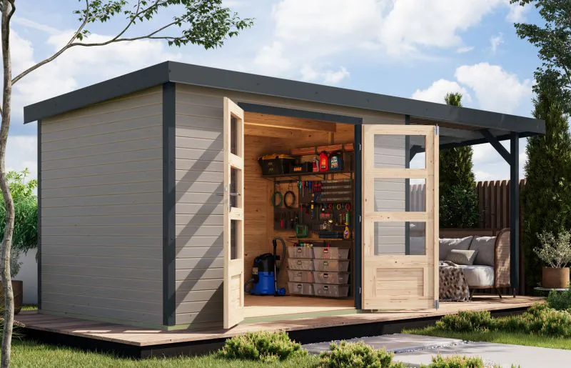 Holz Gartenhaus mit Anbaudach wassergrau/anthrazit – langlebige Stahlecken, witterungsbeständiges Pultdach, Doppelflügeltür mit Zylinderschloss 6,35m²