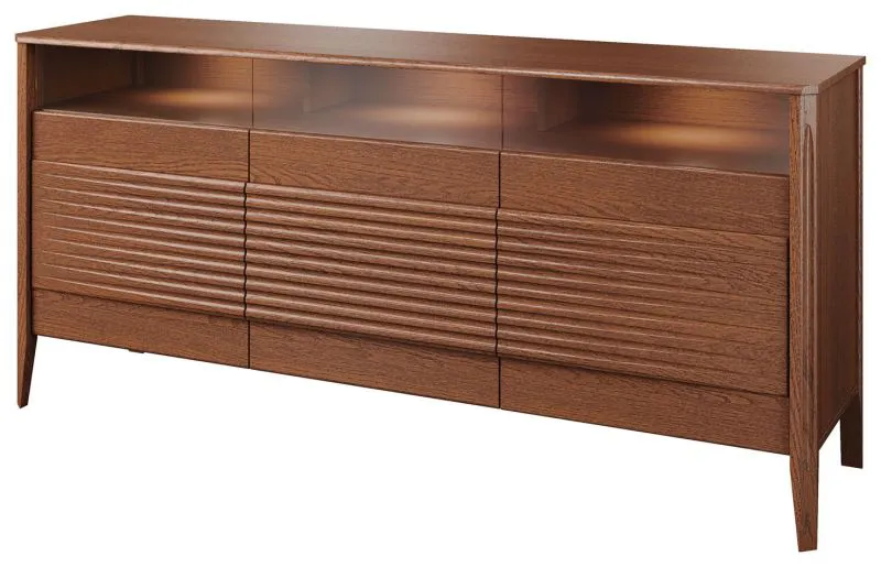 Breite Kommode mit LED-Beleuchtung Gorica 06, in Eiche Rustikal, 85 x 180 x 50 cm, Soft Close System, teilmassiv, Antisol-Glas Bronze, 3 Türen und 9 Fächer
