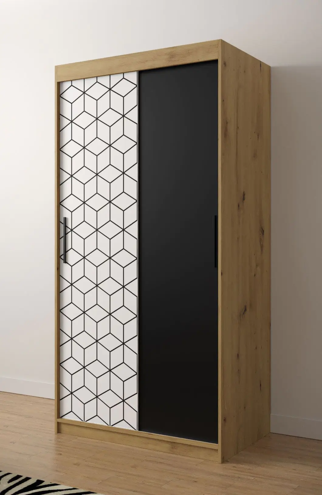 Moderner Kleiderschrank mit stylischen Design Dom 02, Farbe: Eiche Artisan  / Weiß matt / Schwarz matt - Abmessungen: 200 x 100 x 62 cm (H x B x T),  mit fünf Fächern und zwei Kleiderstangen