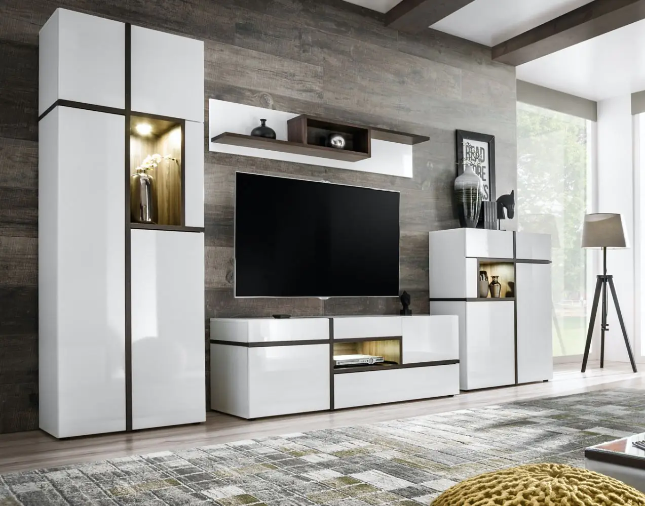 elegante wohnwand stura 01, farbe: weiß hochglanz / grau - abmessungen: 195  x 330 x 50 cm (h x b x t), mit sieben türen