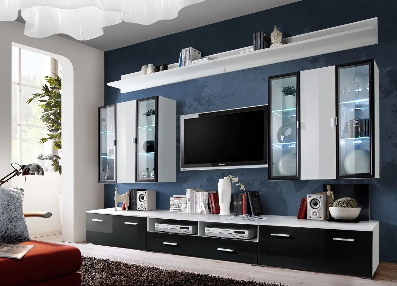 Wohnwand mit modernen Design Bjordal 20, Farbe Schwarz Hochglanz / Weiß  Hochglanz   Abmessungen 20 x 20 x 20 cm H x B x T, mit zwei Schubladen