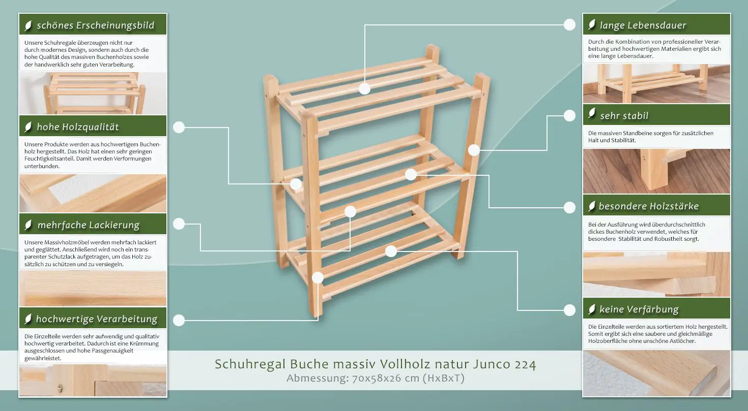 Schuhregal Buche Vollholz massiv natur Junco 224 - 70 x 58 x 26 cm (H x B x  T)