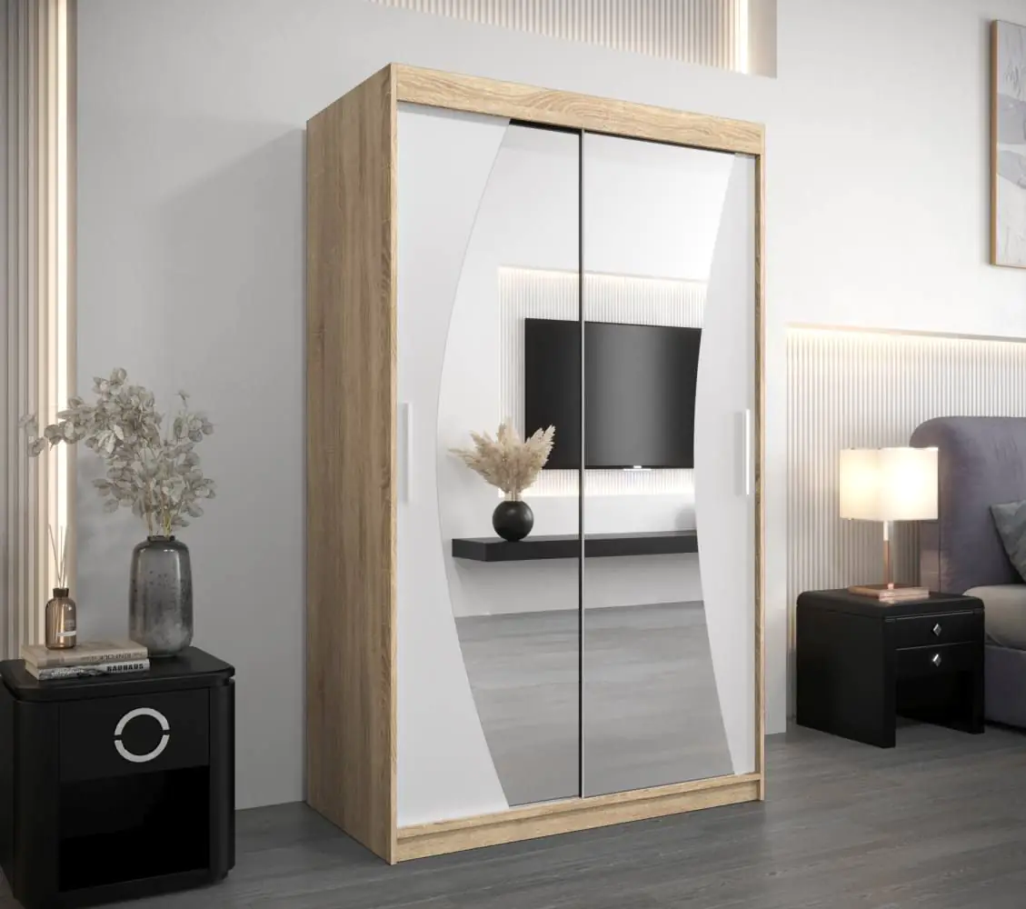 Schiebetürenschrank / Kleiderschrank Combin 02 mit Spiegel, Farbe: Eiche  Sonoma / Weiß matt - Abmessungen: 200 x 120 x 62 cm (H x B x T)