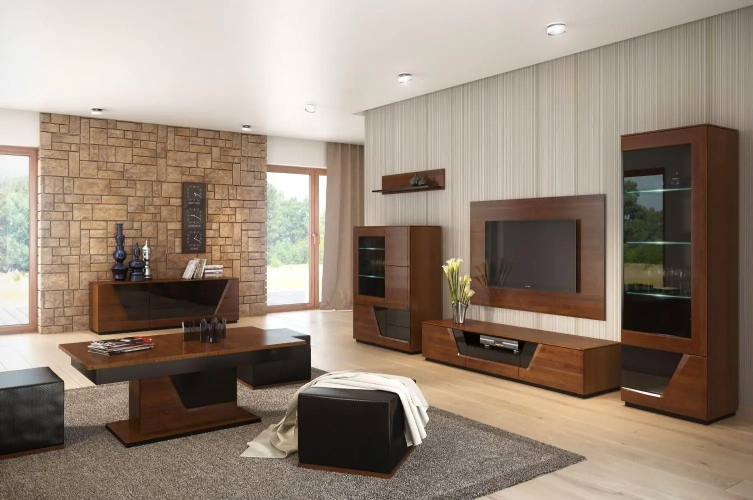 easy möbel wohnzimmer komplett - set a medulin, 10-teilig, teilmassiv, farbe: walnuss / schwarz