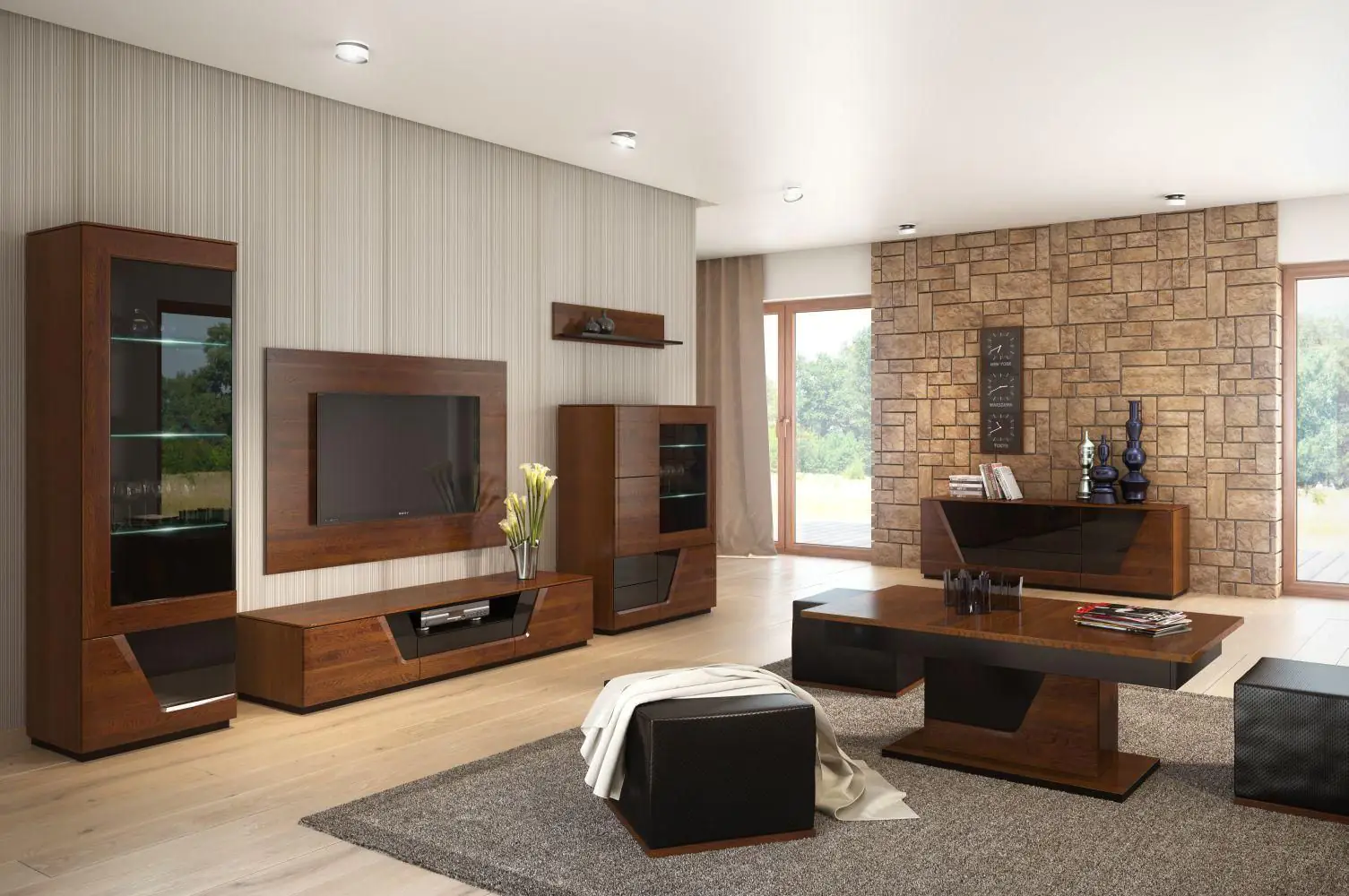 easy möbel wohnzimmer komplett - set e medulin, 10-teilig, teilmassiv,  farbe: walnuss / schwarz