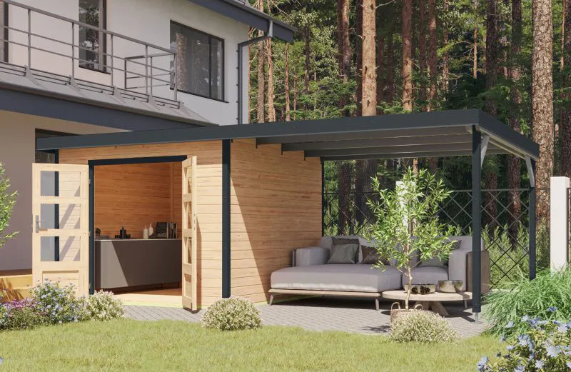 Gartenhaus mit Anbaudach, nordische Fichte naturbelassen/anthrazit, Trapezblech-Pultdach wetterfest, stabile Ecken, Zylinderschloss, 2,70 × 2,70 m