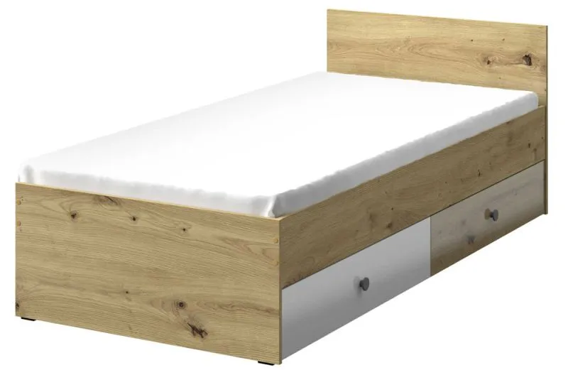 Einzelbett / Gästebett Sirte 14 inkl. Lattenrost, Farbe: Eiche / Weiß / Grau Hochglanz  - Liegefläche: 90 x 200 cm (B x L)
