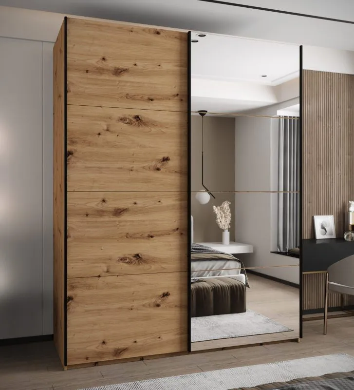 Kleiderschrank / Schiebetürenschrank | 245,5 x 190 x 64 cm | 2 Kleiderstangen | Spiegel | 2 Schiebetüren | Farbe: Eiche Artisan | Soft-Close | 11 Fächer