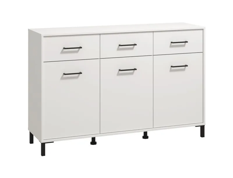 Helles Sideboard mit drei Schubladen Sabas 11, Farbe: Weiß, Griffe & Beine: Schwarz, sechs Fächer, drei Türen, Maße: 90 x 138 x 40 cm, für Wohnzimmer