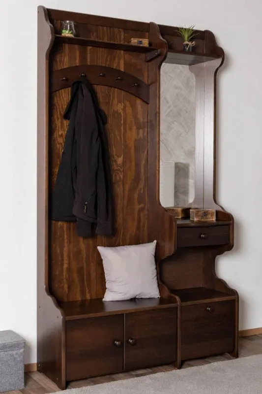 Geräumige Garderobe Kiefer Massivholz 29B, Walnussfarben, 200 x 114 x 37 cm, mit Spiegel und 5 Haken, Ablage, 1 Schublade und viel Stauraum, langlebig