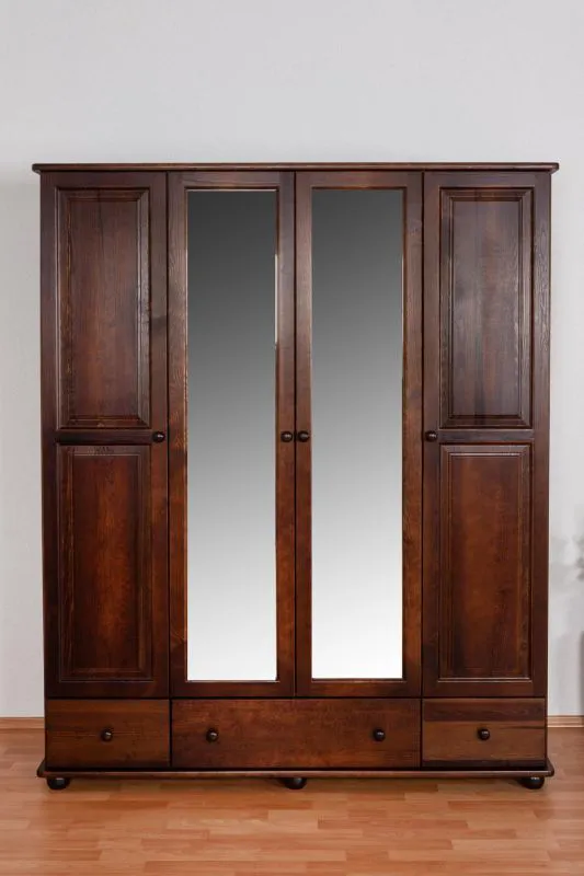 Kleiderschrank mit Spiegel, Kiefer Massivholz Walnussfarben - Abmessung: 195 x 162 x 60 cm (H x B x T) Abbildung