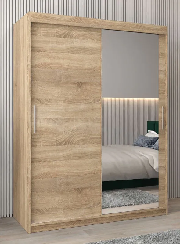 Schiebetürenschrank / Kleiderschrank Bisaurin 3C mit Spiegel, Farbe: Eiche Sonoma - Abmessungen: 200 x 150 x 62 cm ( H x B x T)