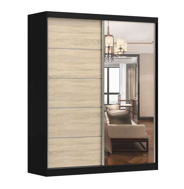 Schiebetürenschrank / Kleiderschrank | Cuillin 12 | Eiche / Schwarz | mit Spiegel | 6 Fächer | 2 Türen | 218 x 183 x 61 cm | Korpus in Holzoptik