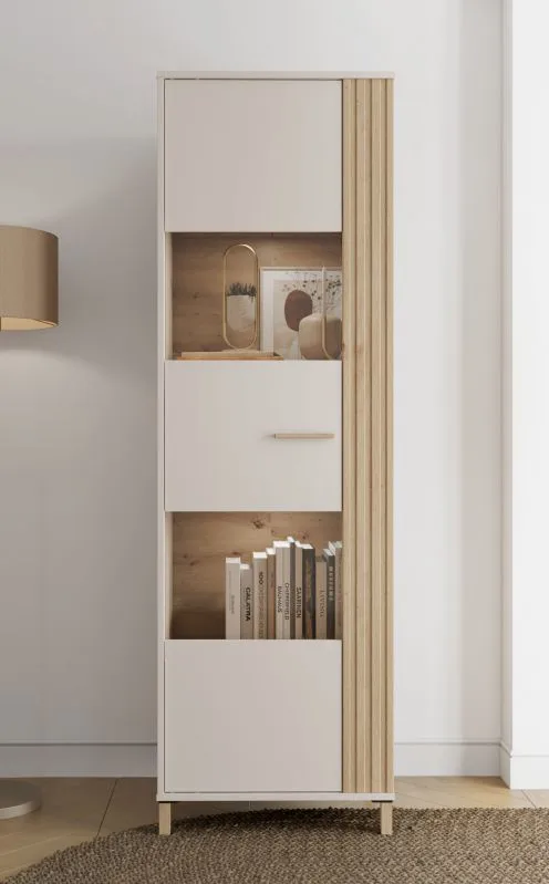 Vitrine | Farbe: Kaschmir / Eiche Artisan | eine Glastür | fünf Fächer | 60 x 40 x 193 cm | schmal | getöntes Glas | ABS | für Wohnzimmer