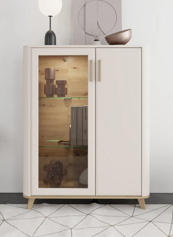 Vitrine | klein | Farbe: Kaschmir | 1 Glastür | Maße: 90 x 40 x 116,5 cm | 1 Drehtür | ABS-Kanten | getöntes Glas | 6 Fächer | für Wohnzimmer