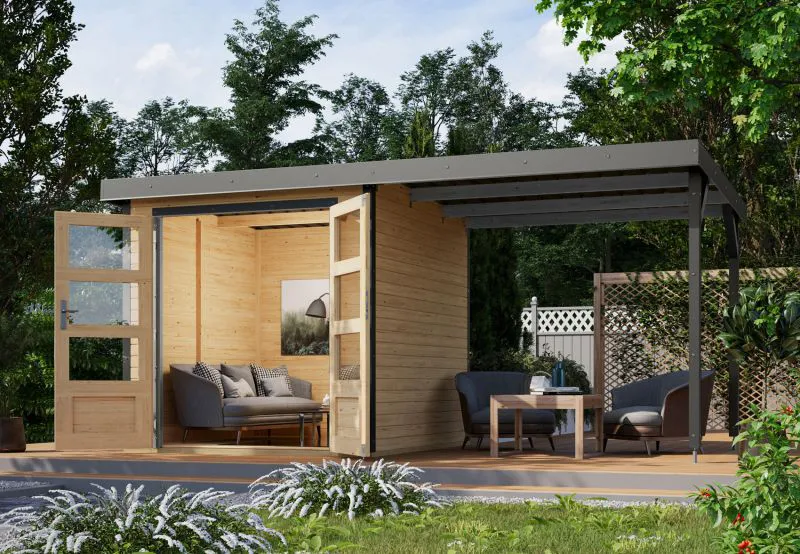 Holz Gartenhaus Anbaudach aus Fichte naturbelassen/graualuminium, metallverstärkte-Ecken, Trapezblechdach, Doppelflügeltür Zylinderschloss, 4,45 m²