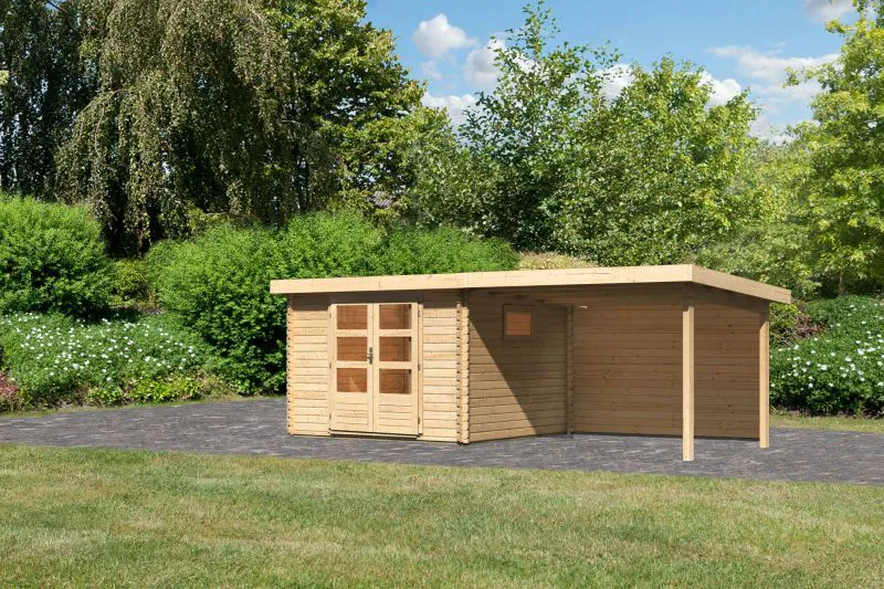 Gartenhaus SET naturbelassen mit Anbaudach 3,3m, Rückwand, Grundfläche: 7,5m²