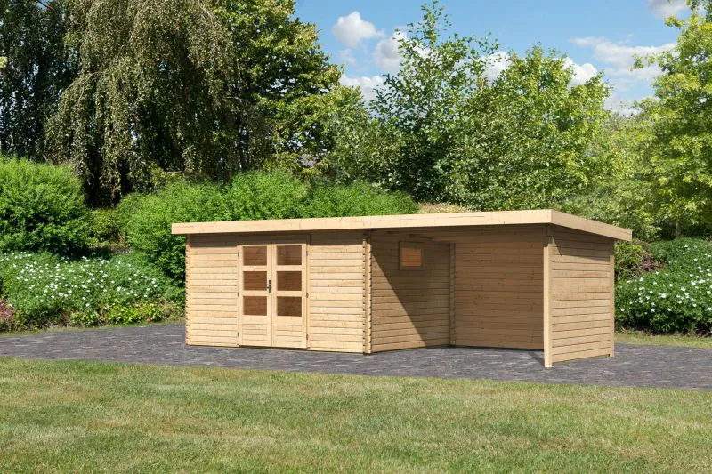 Gartenhaus SET naturbelassen mit Anbaudach 3,3m Breite, Rück- und Seitenwand, Grundfläche: 11,5m²