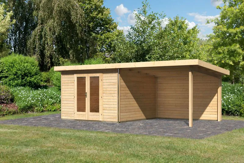 Gartenhaus SET naturbelassen mit Anbaudach 3,30 m, Rückwand, Grundfläche: 9,3m²