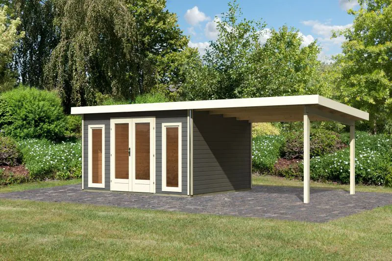 Gartenhaus SET terragrau mit Anbaudach 3,3 m, Grundfläche: 9,3m²