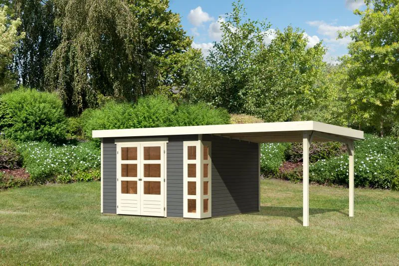 Gartenhaus SET terragrau mit Anbaudach 2,40 m Breite, Grundfläche: 9m²