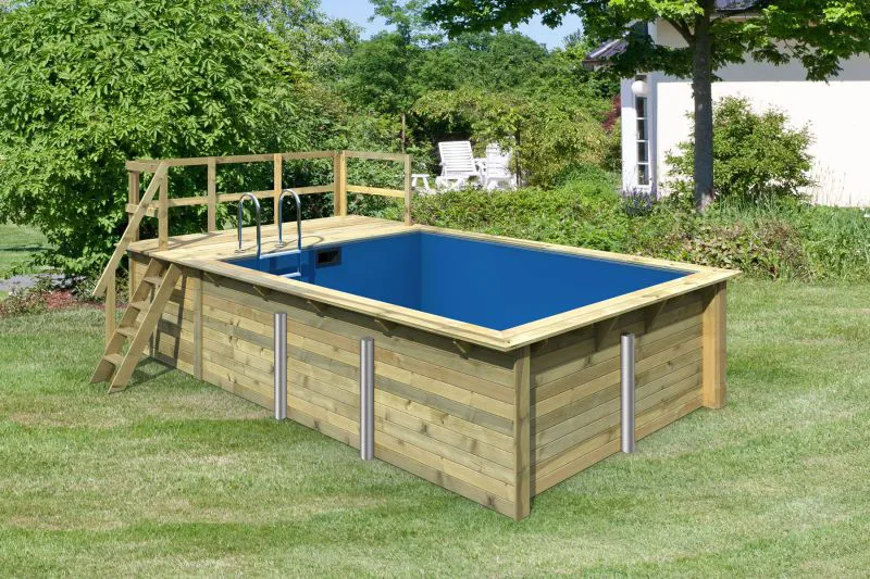 Holzpool 2 SET rechteckig, Farbe: Natur KDI, Ø 564 cm, inkl. Filterpaket, Leitern & Terrasse