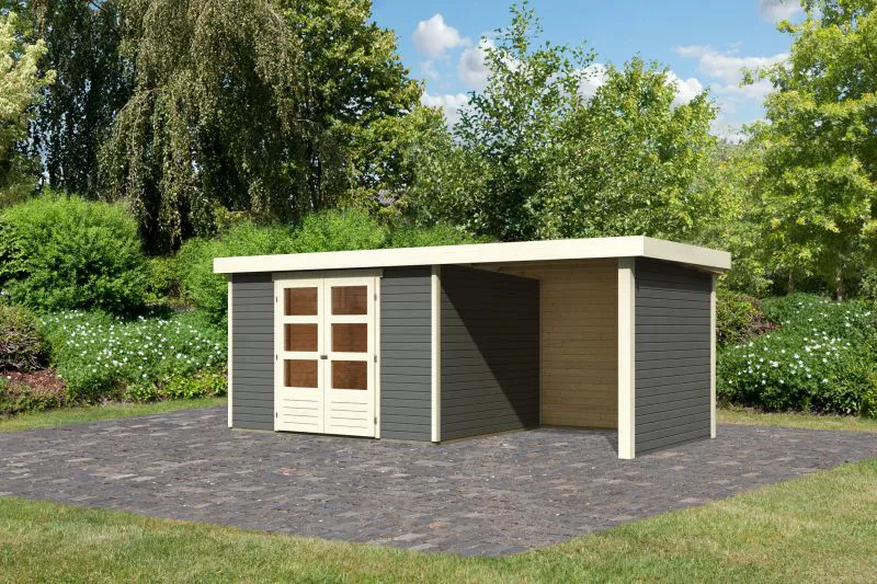 Gartenhaus SET terragrau mit Anbaudach 2,4 m Breite, Seiten- und Rückwand, Grundfläche: 7,21m²