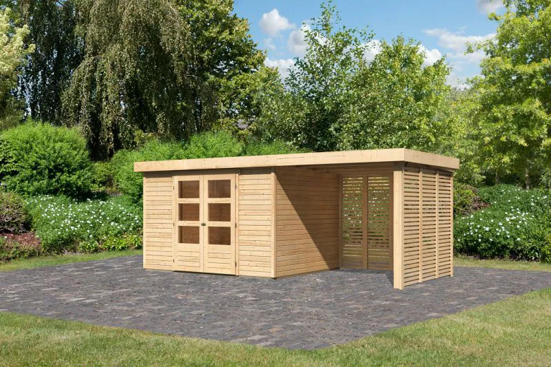 Gartenhaus SET naturbelassen mit Anbaudach 2,4 m Breite, Grundfläche: 7,21 m²