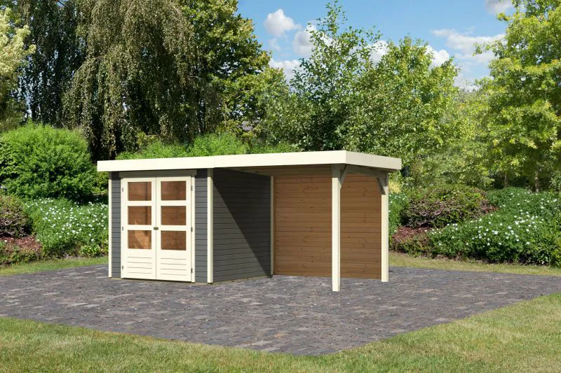 Gartenhaus SET AKTION terragrau mit Anbaudach 2,4 m Breite, Rückwand, Grundfläche: 4,45 m²