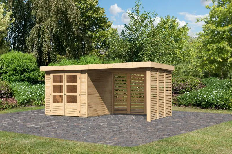 Gartenhaus SET AKTION naturbelassen mit Anbaudach 2,8 m, Grundfläche: 4,45 m²