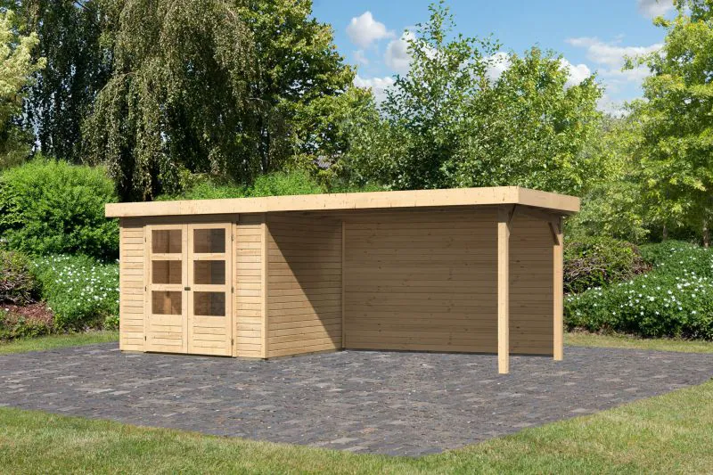 Gartenhaus SET AKTION naturbelassen mit Anbaudach 2,8 m Breite, Rückwand, Grundfläche: 5,05m²